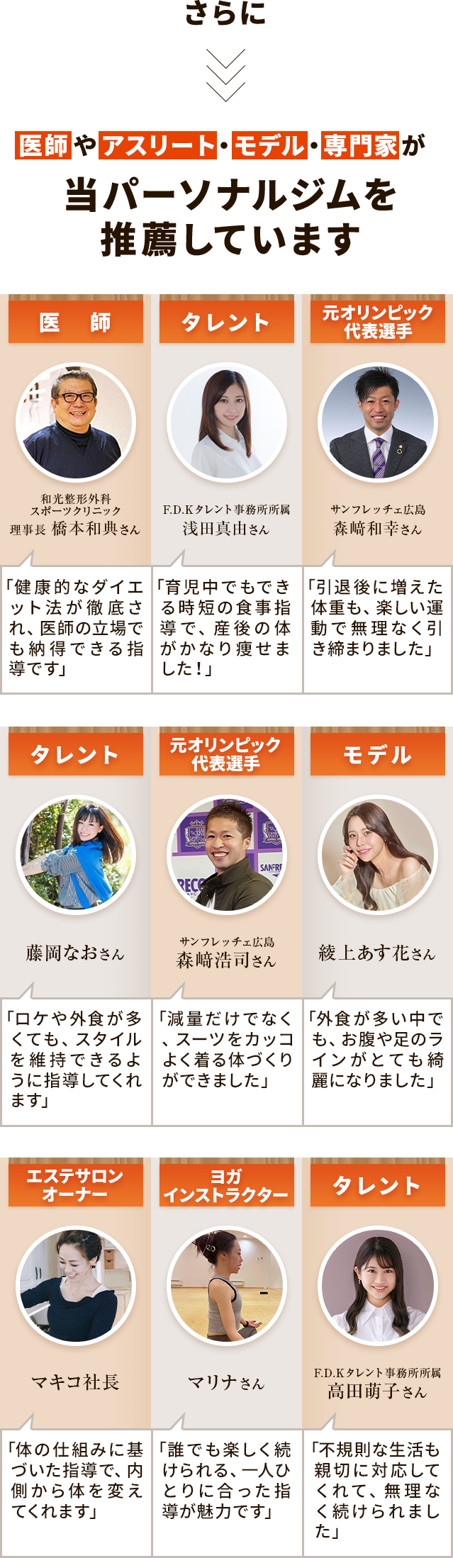 医師やアスリート・モデル・専門家が当パーソナルジムを推薦しています