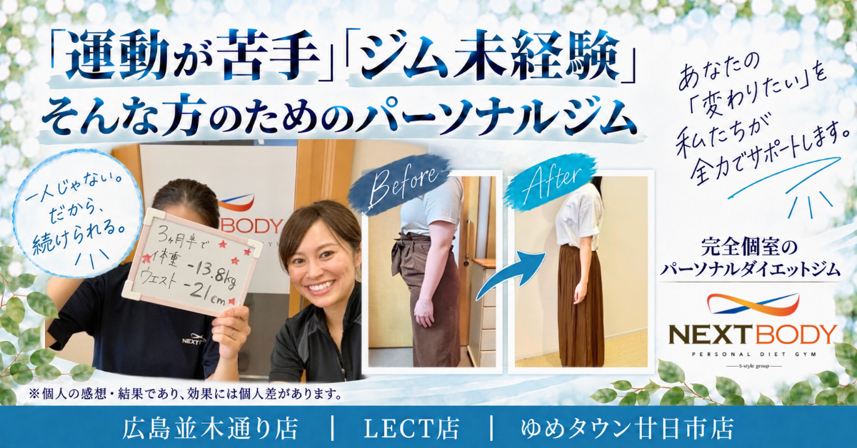 I様とトレーナー、ビフォーアフター写真を掲載したNEXTBODYの広告画像